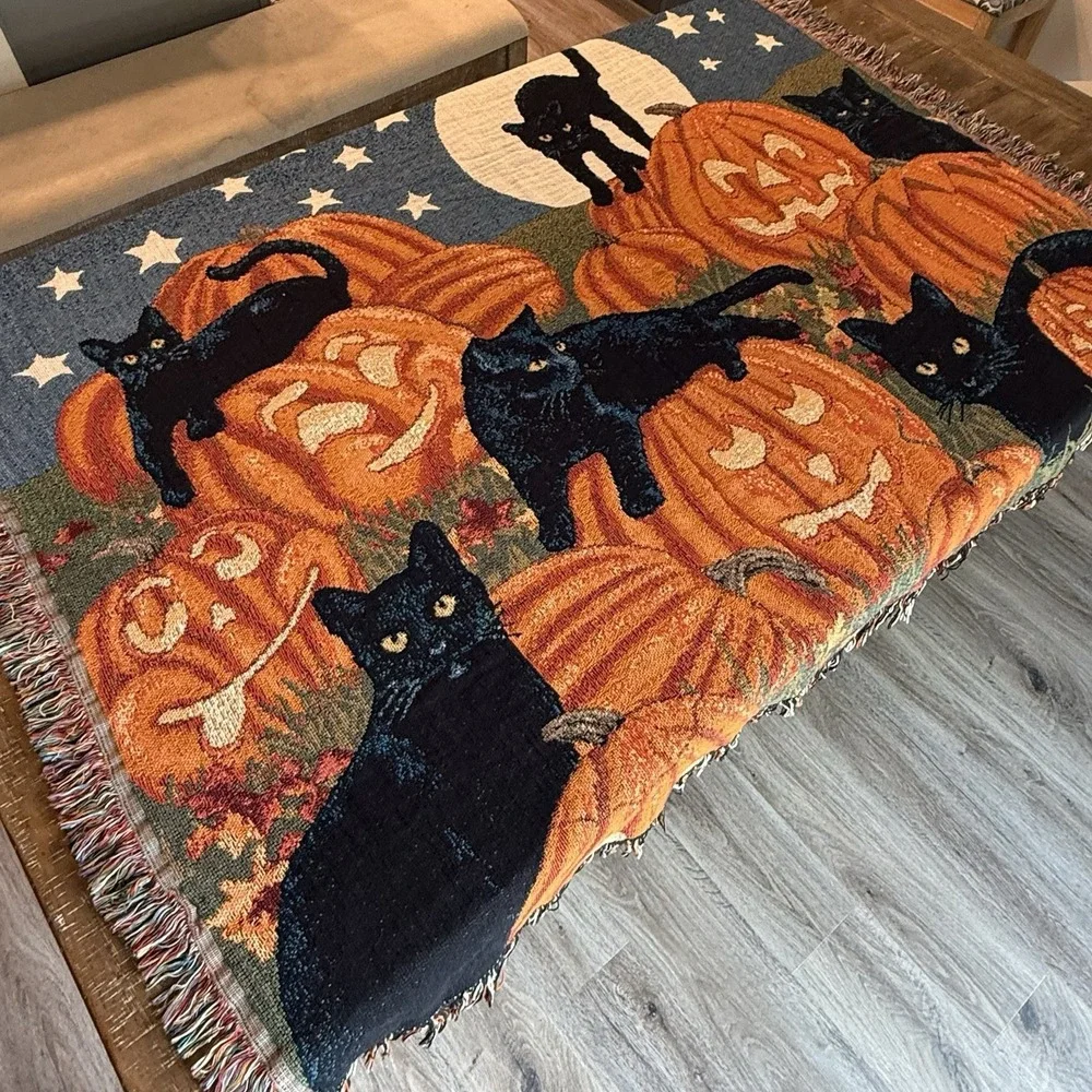 Halloween Black Cat Pumpkin Tapestry Autumn Fall Decor Blanket Throw 63